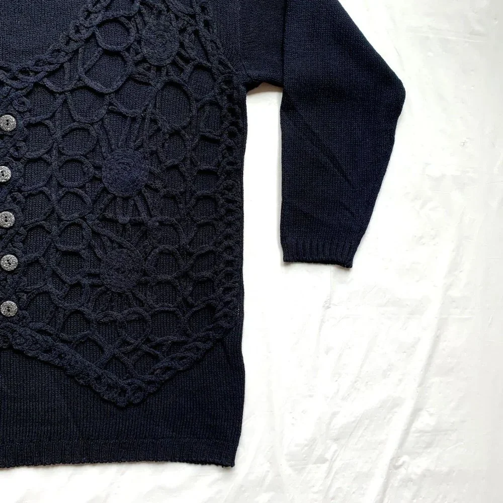 Vintage Ce'Ci Sweater Womens‎ M/L Black Crochet Chunky Knit Linen Blend Boho NEW